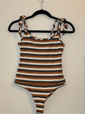 Striped Tie Shoulder Bodysuit Rust Black Cream Ribbed NWT